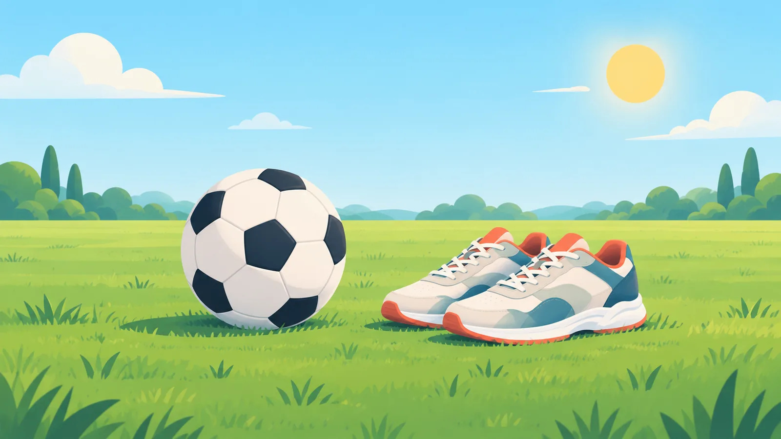 Voetbal en sportschoenen op een vlak grasveld