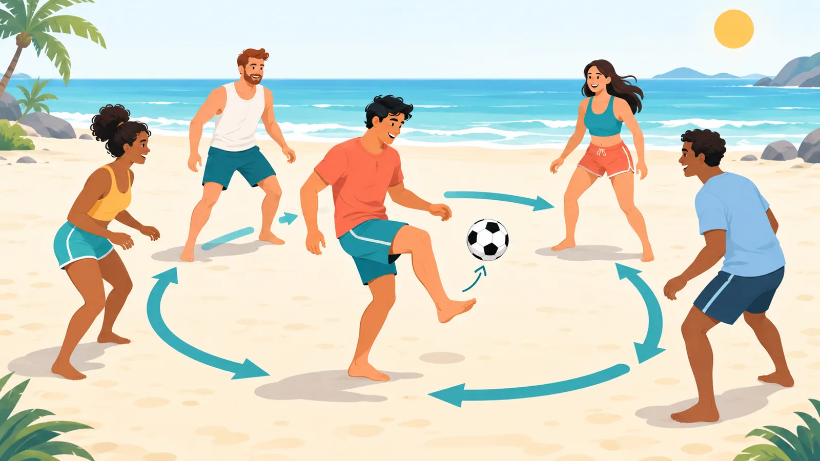 Vrienden oefenen jongleerdrills op het strand