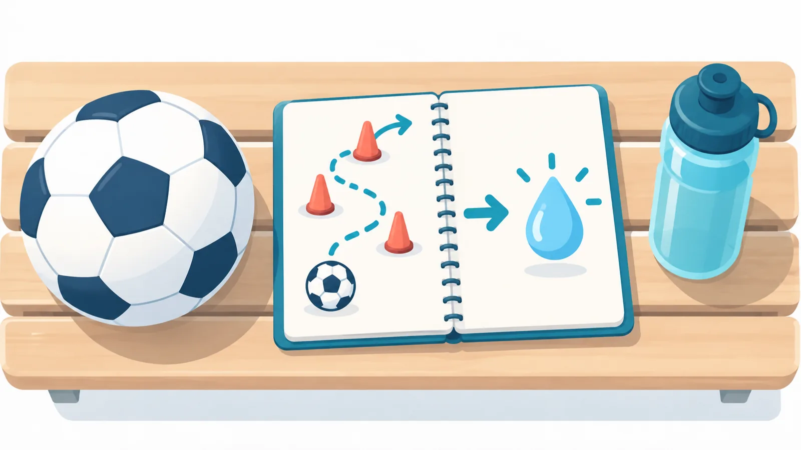 Voetbal, notitieboekje en bidon op een houten bank