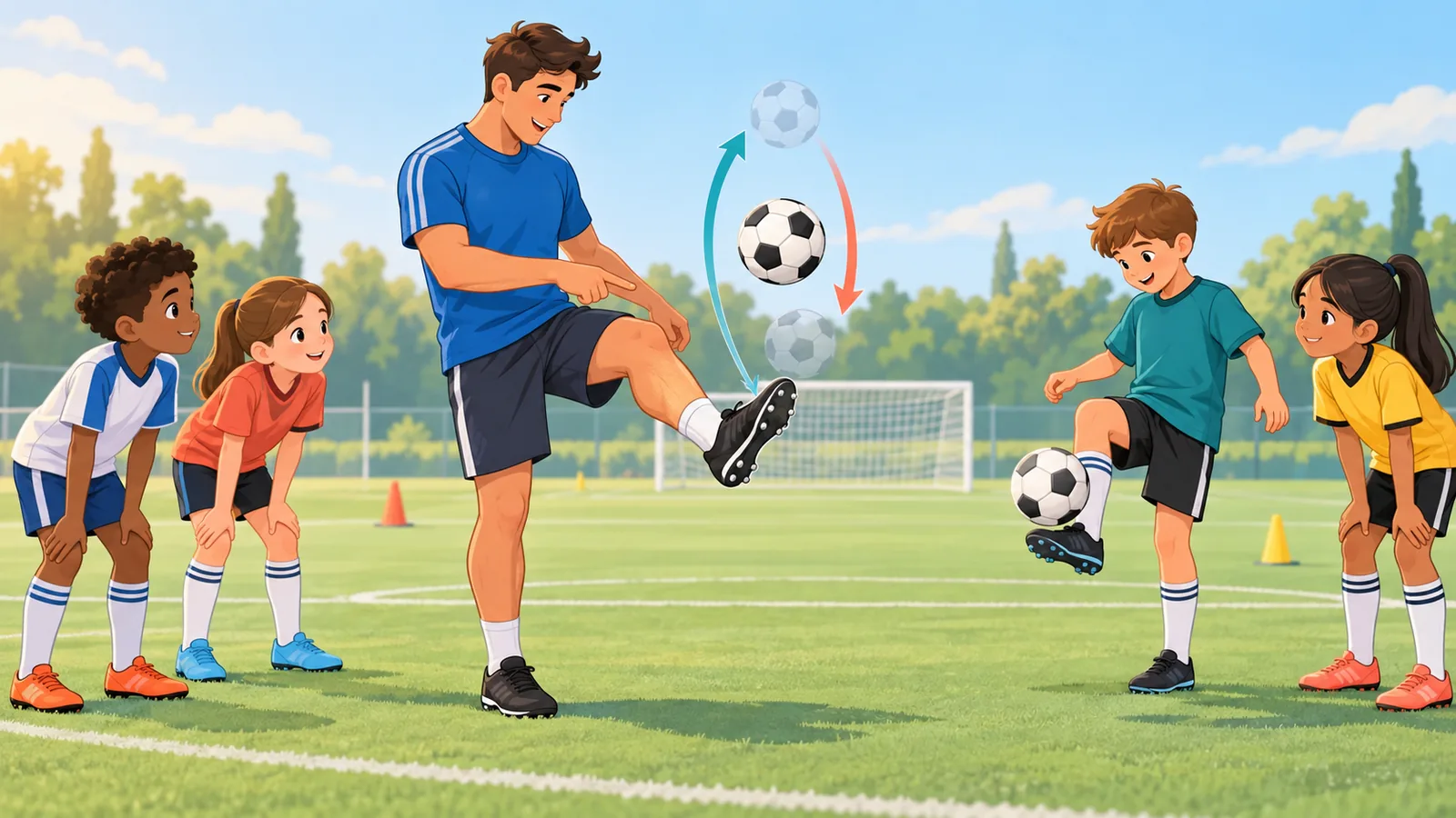 Trainer legt jongleertechniek uit aan kinderen