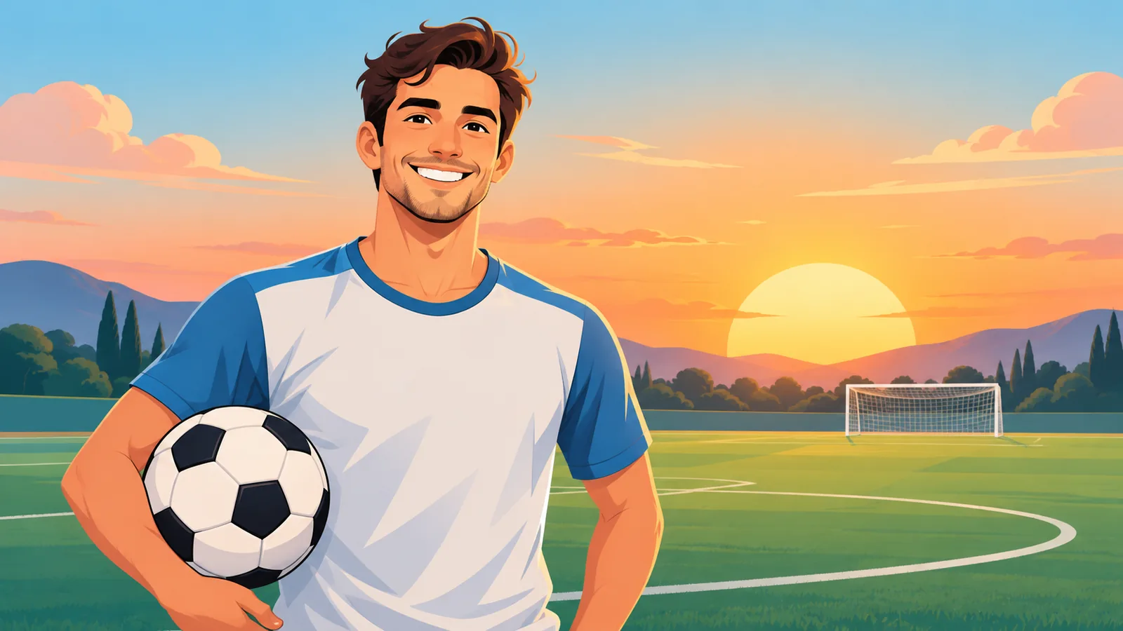 Lachende speler met een bal bij zonsondergang