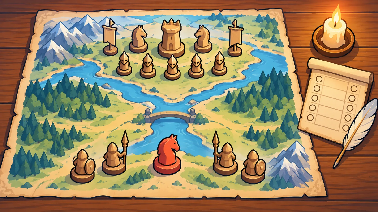 Strategietafel met kaarten en houten eenheidstokens in kaarslicht