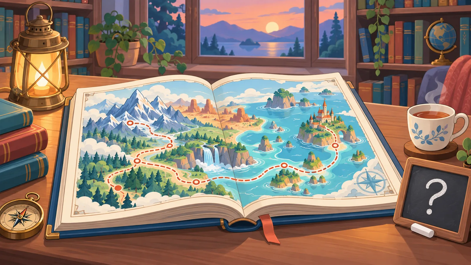Leeshoekje met een fantasy-atlas, lantaarn en een vraagteken op een krijtbordje