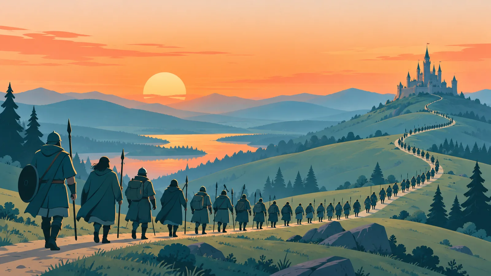 Fantasyleger trekt bij zonsondergang naar een kasteel in de verte