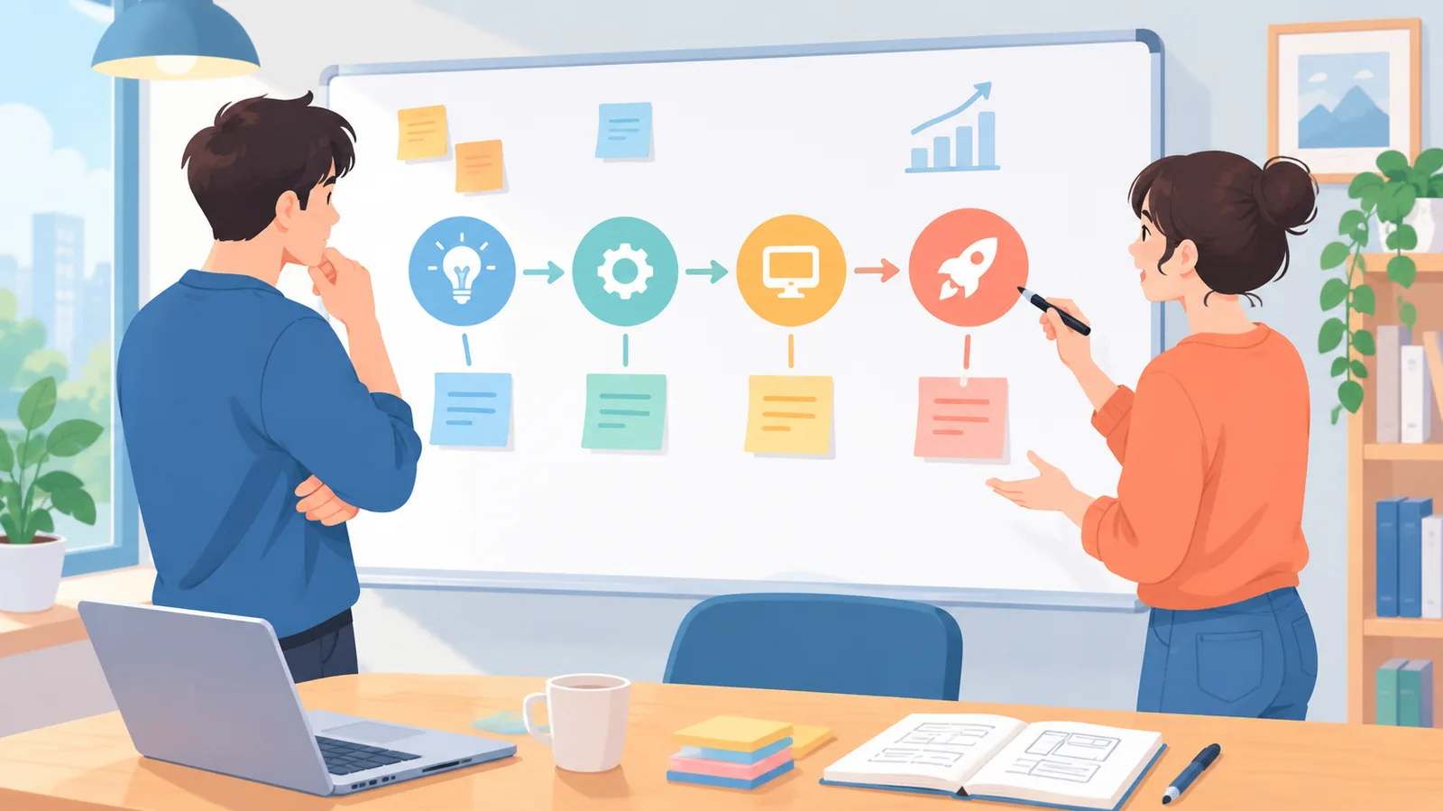 Oprichters plannen mijlpalen op een whiteboard