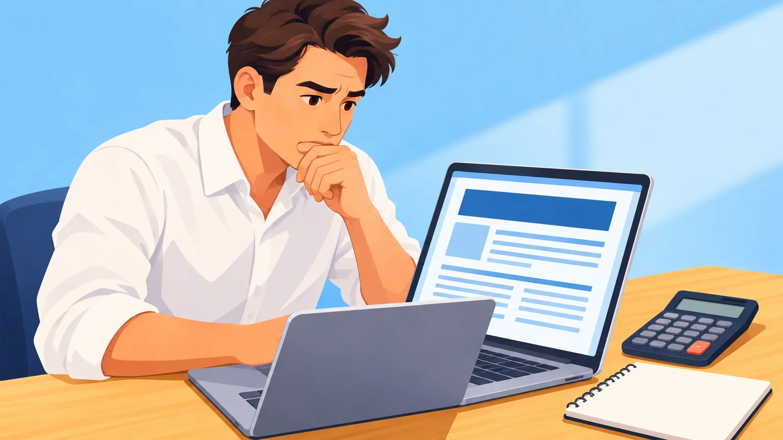 Persoon leest een belastinggids op een laptop aan een houten bureau
