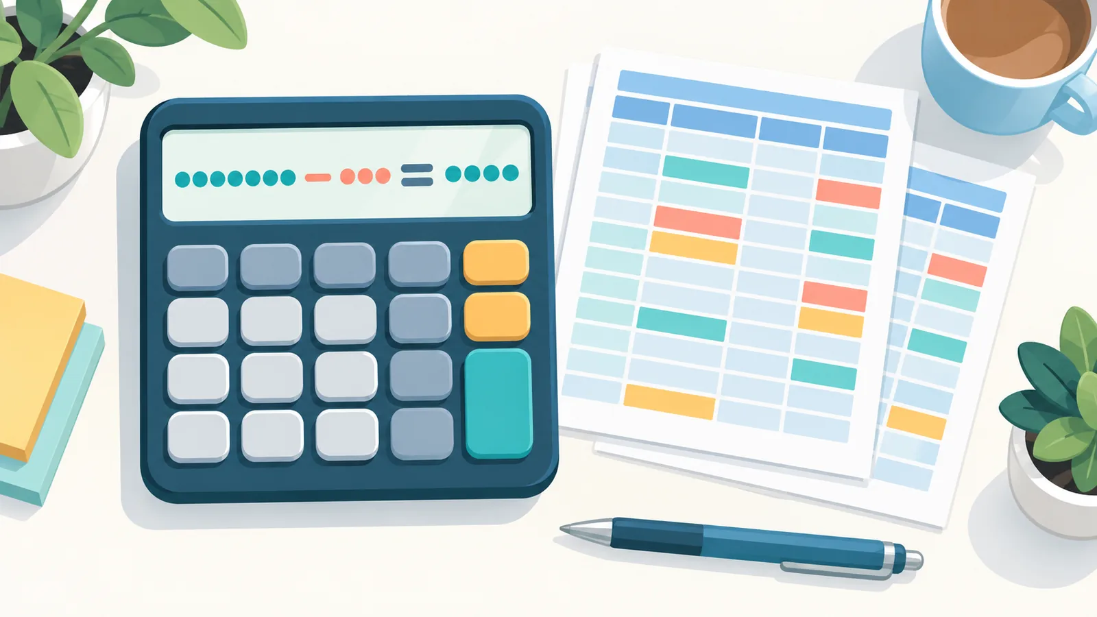 Rekenmachine met aftrekresultaat naast uitgeprinte spreadsheets