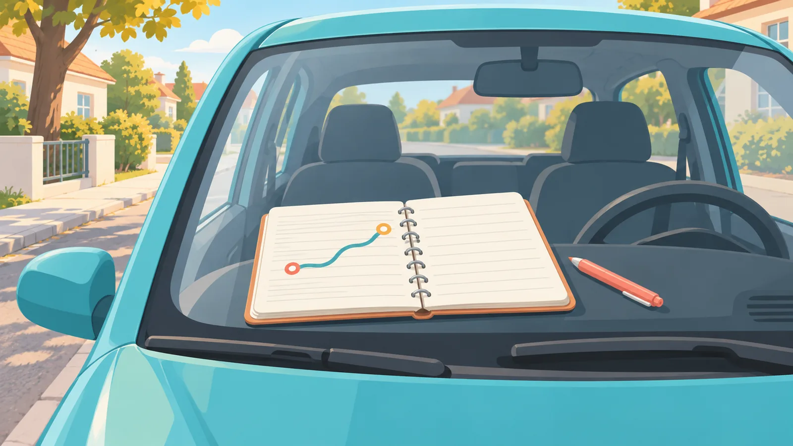 Auto met notitieboekje op het dashboard voor het bijhouden van ritten