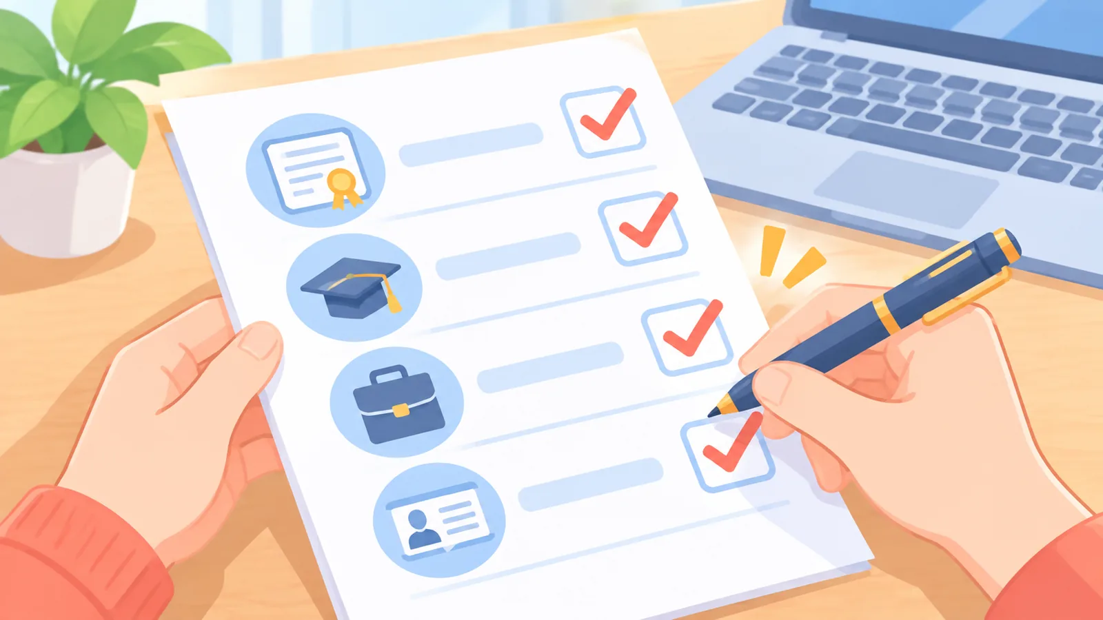 Handen die een checklist met kwalificaties afvinken naast een laptop