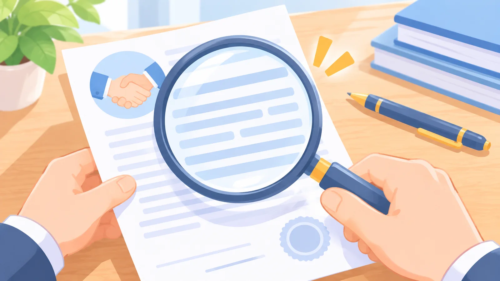 Vergrootglas boven kleine lettertjes in een contract