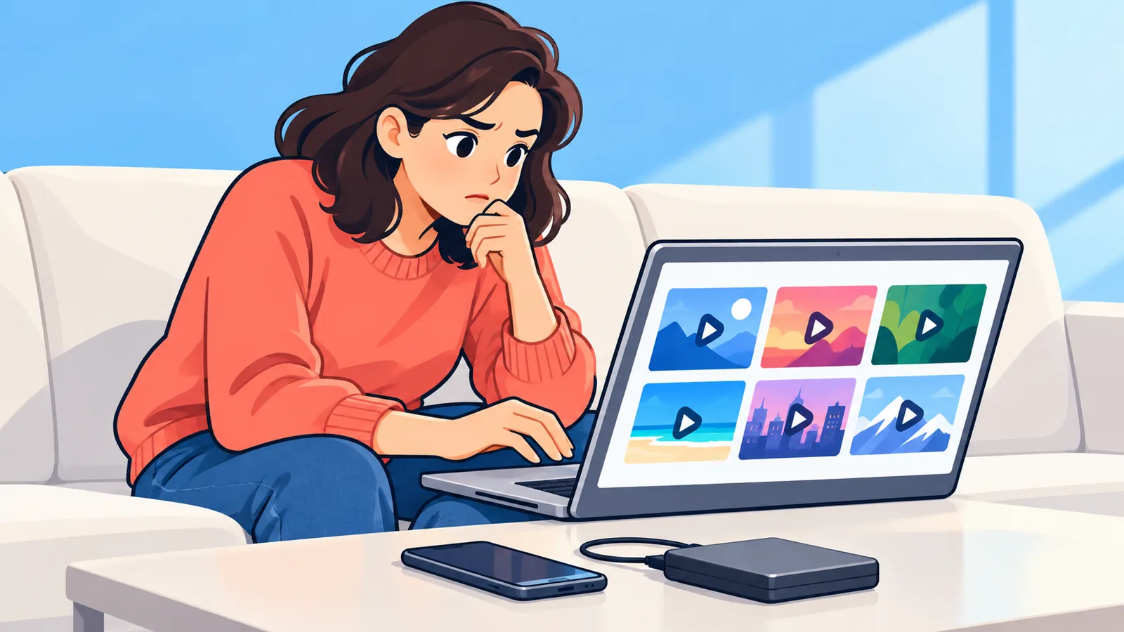 Persoon op de bank kijkt op een laptop naar een overzicht van videominiaturen