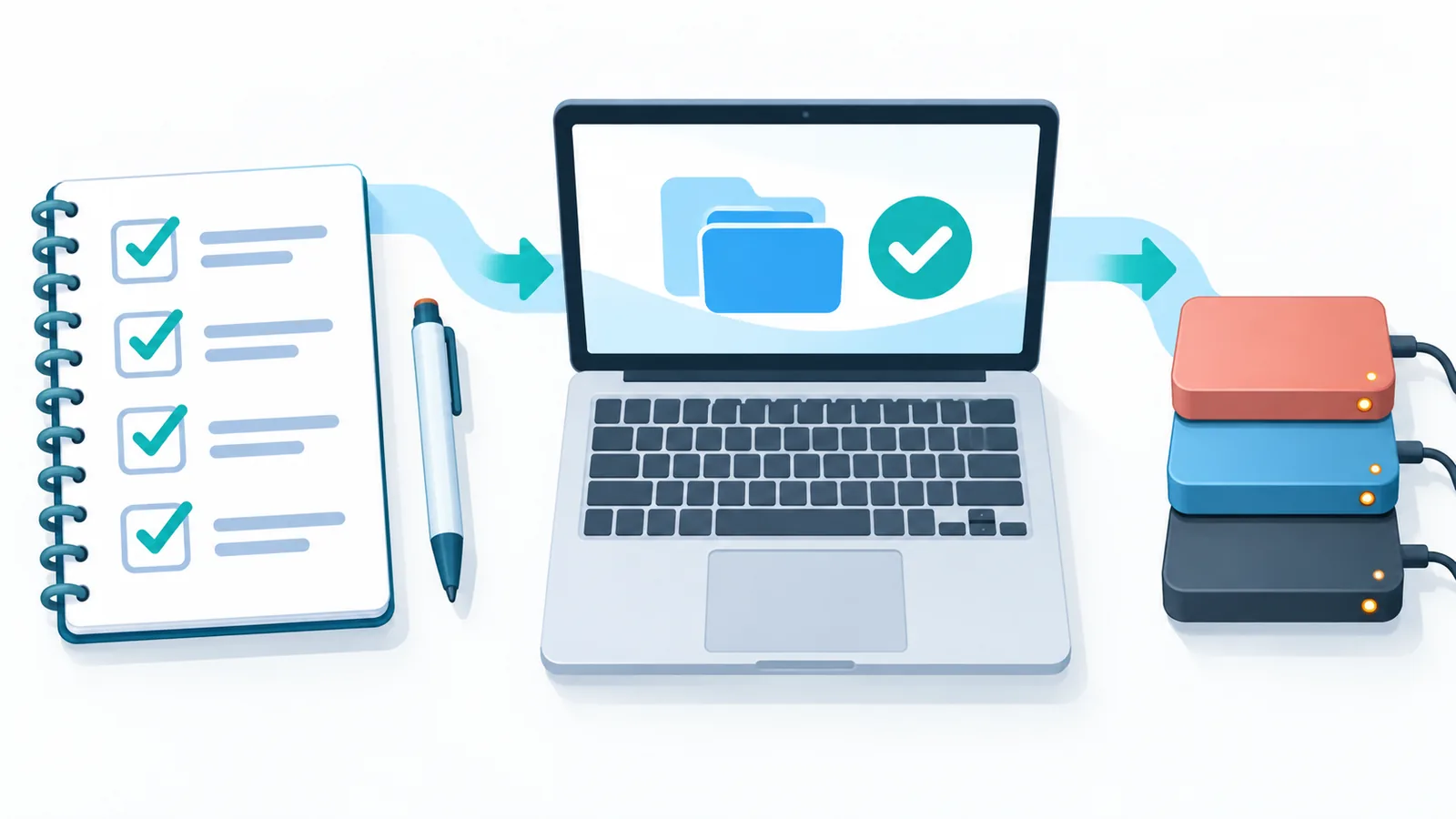 Bureau met checklist, laptop en externe schijven om criteria af te vinken