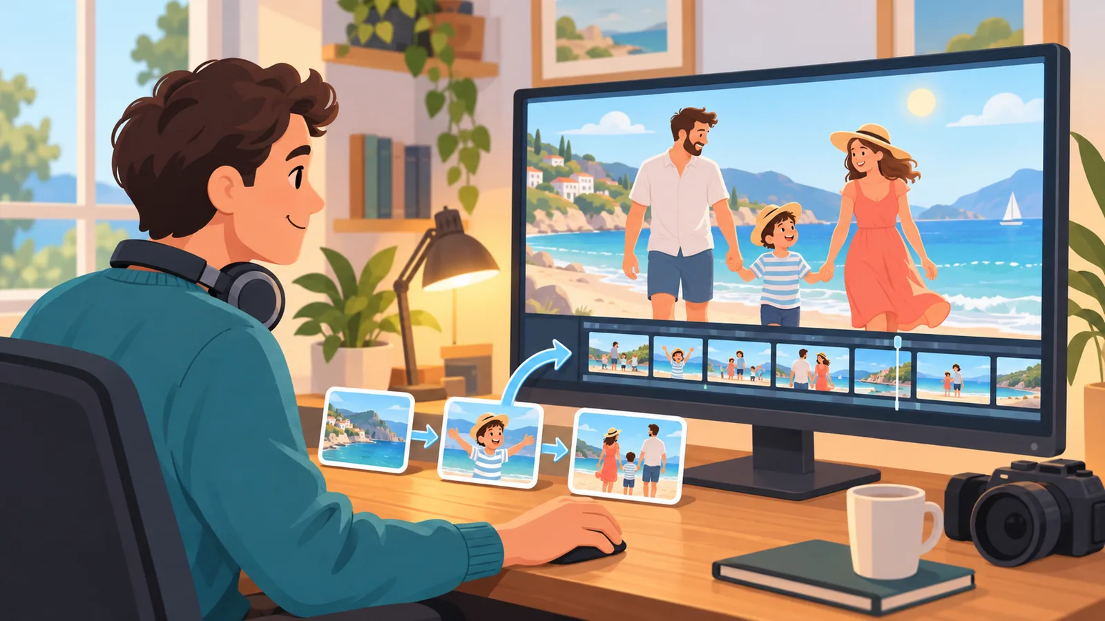 Man bekijkt familievideo’s op een grote monitor aan een bureau thuis