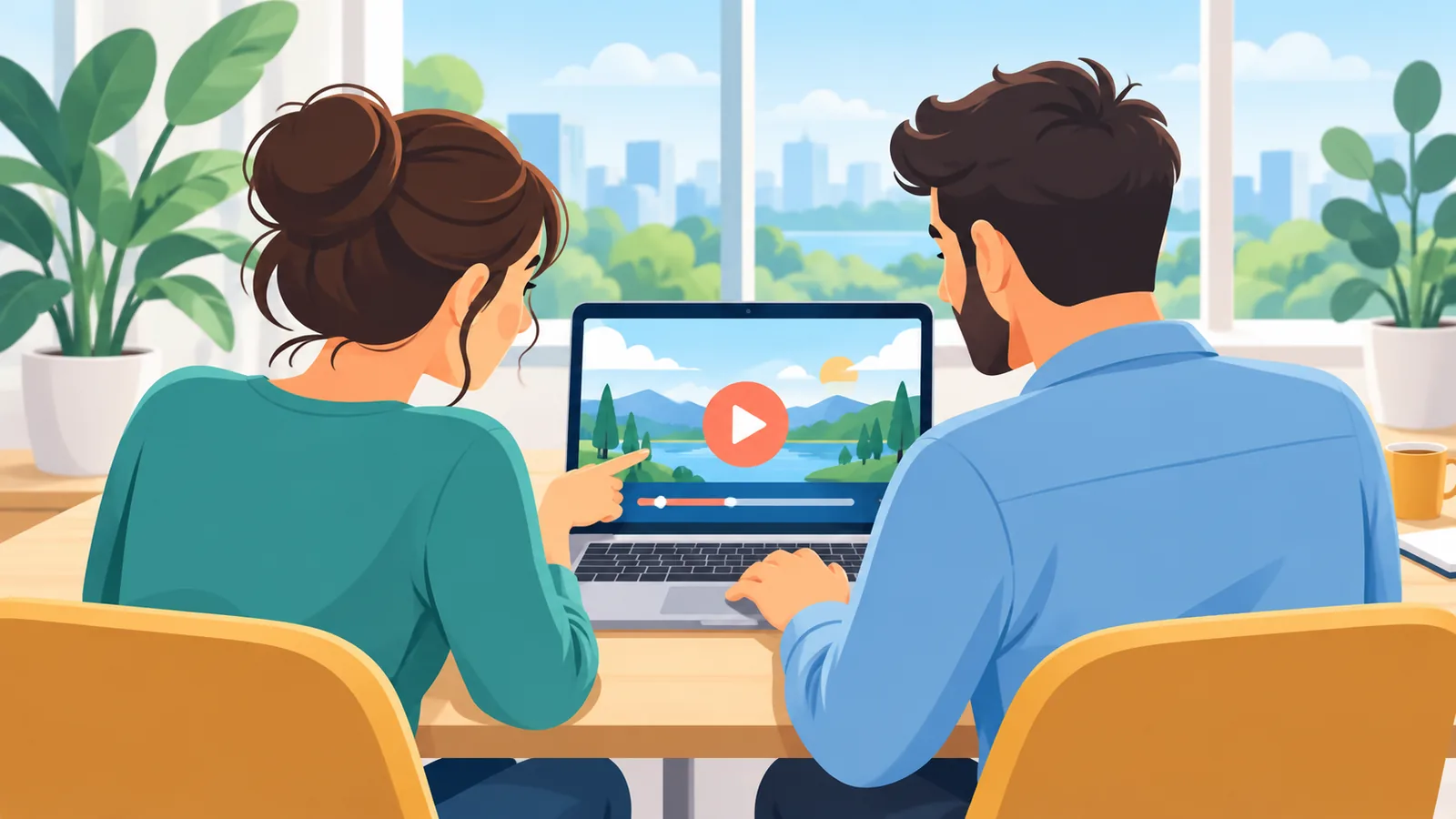 Twee collega’s kijken samen naar een videovoorvertoning op een laptop