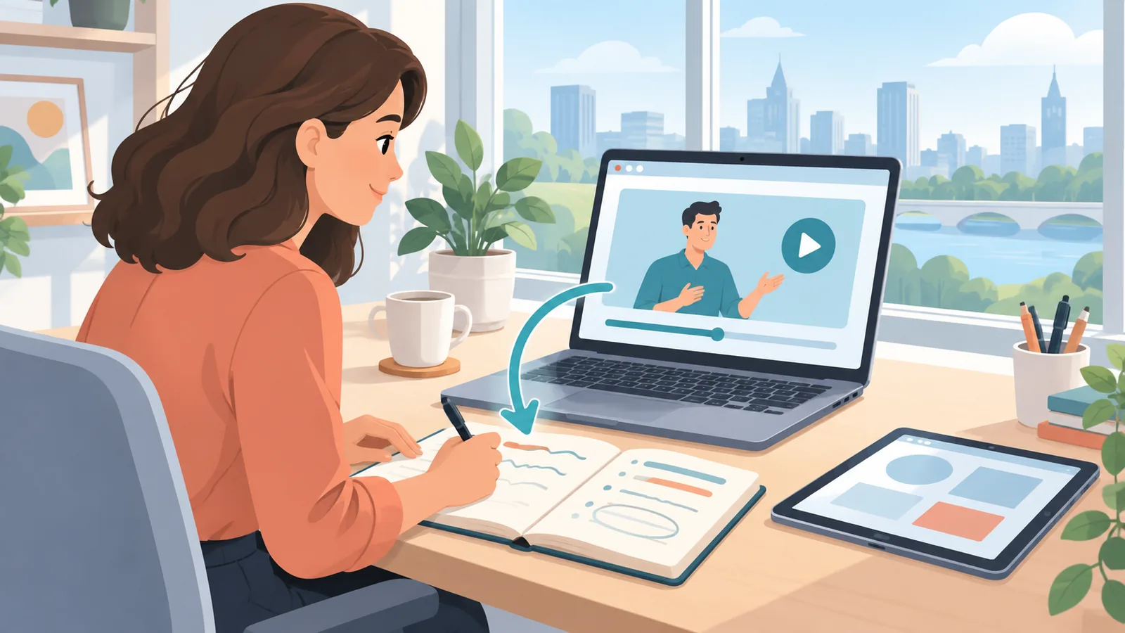 Persoon speelt een video af in de browser op een laptop op kantoor