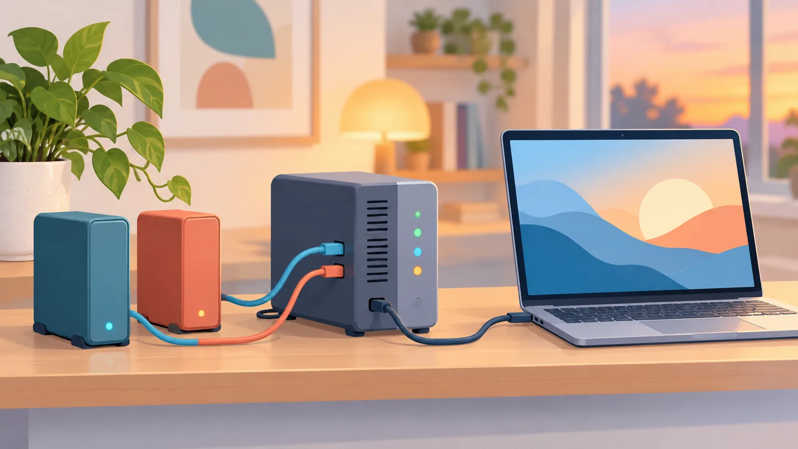 Externe harde schijven en een kleine server naast een laptop als extra back-up