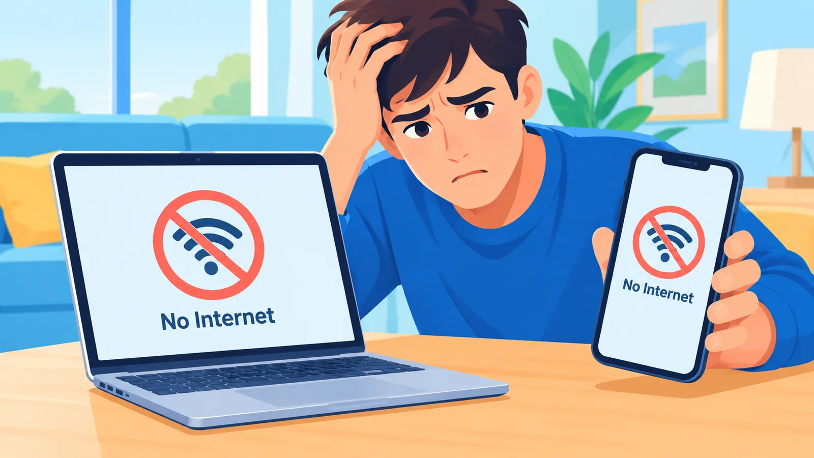 Persoon vergelijkt een laptop en smartphone die allebei geen internet tonen