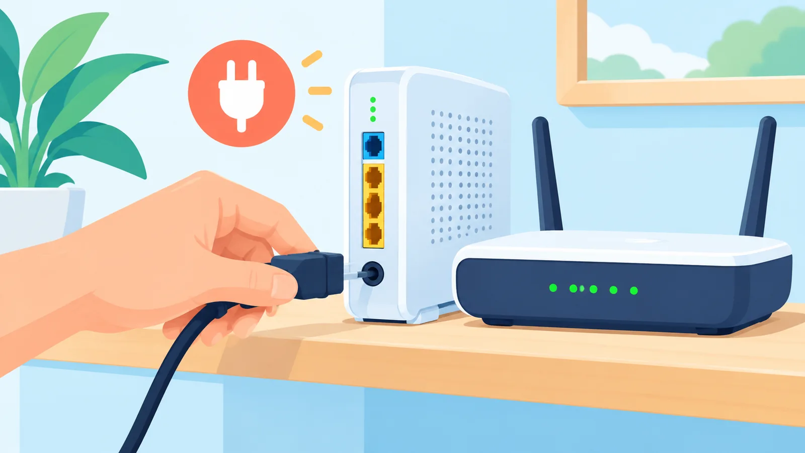 Hand steekt de stroomkabel van een modem in het stopcontact naast een router