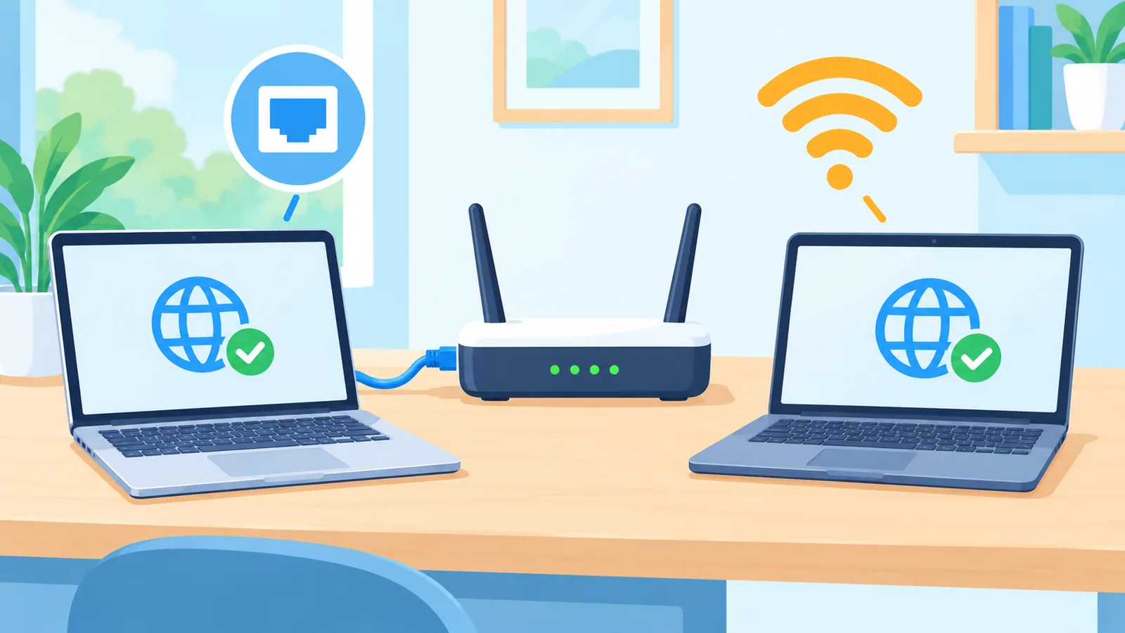 Laptop met ethernetkabel aan de router naast een laptop op wifi