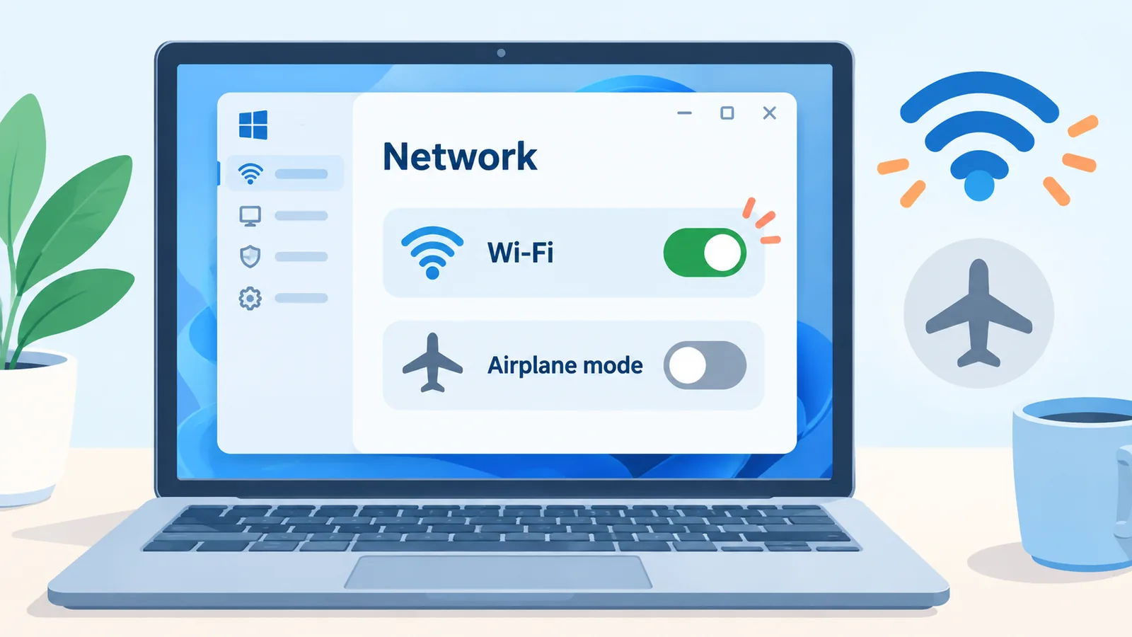 Laptopscherm met Windows-netwerkinstellingen waarbij wifi aanstaat