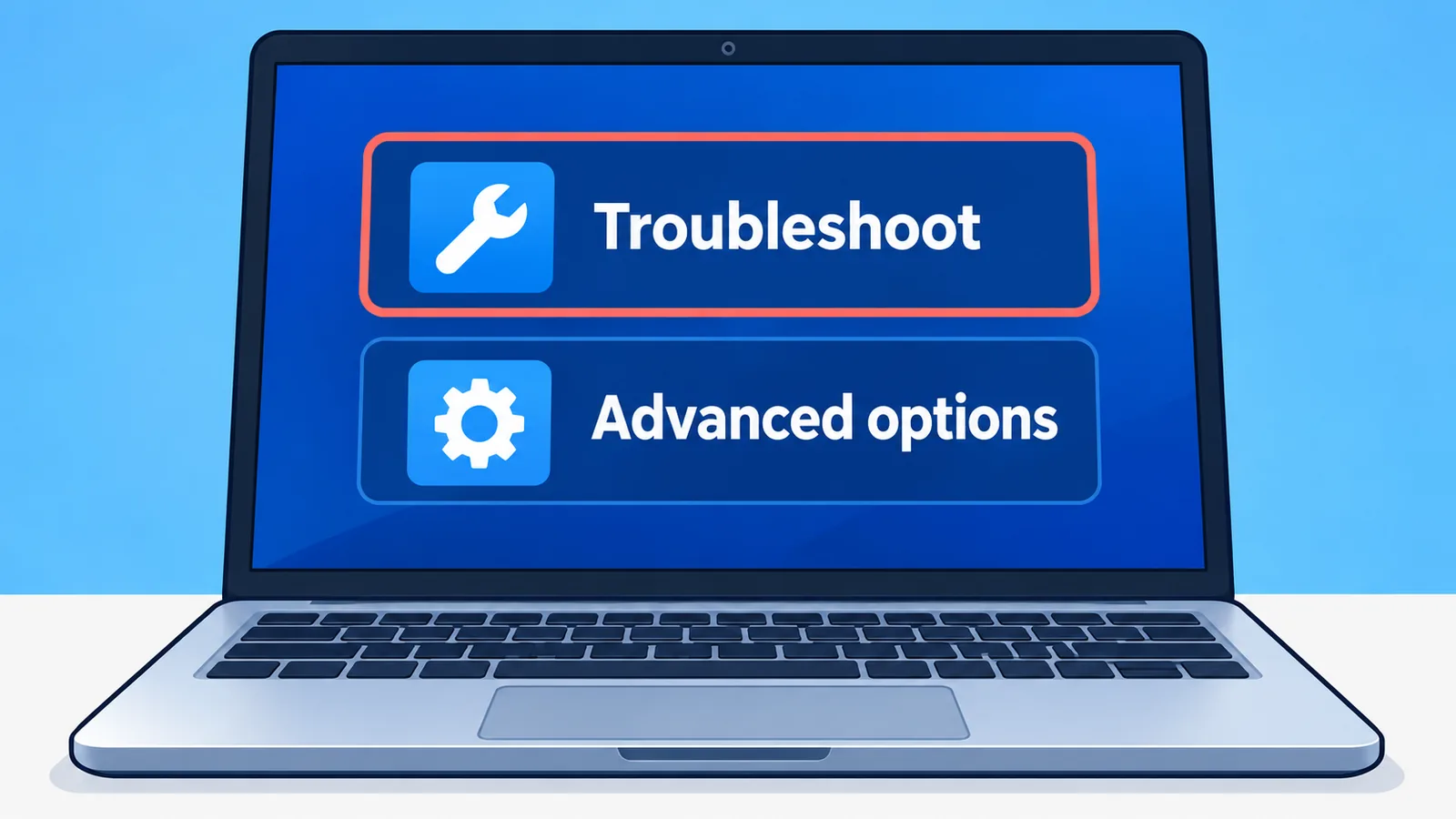 Laptop met het Windows-herstelmenu Troubleshoot en Advanced options