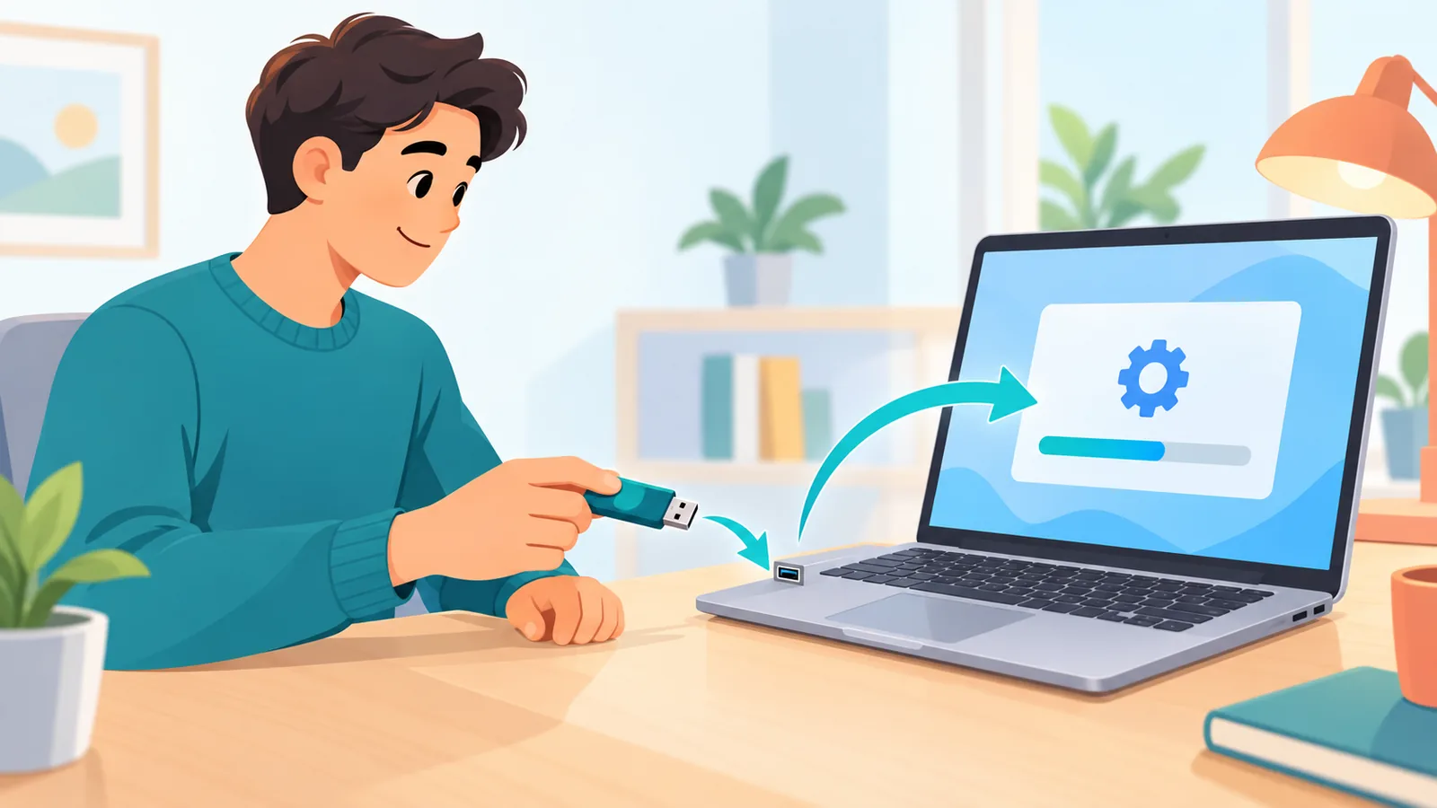 Persoon met een installatie-USB naast een laptop met het Windows-installatiescherm
