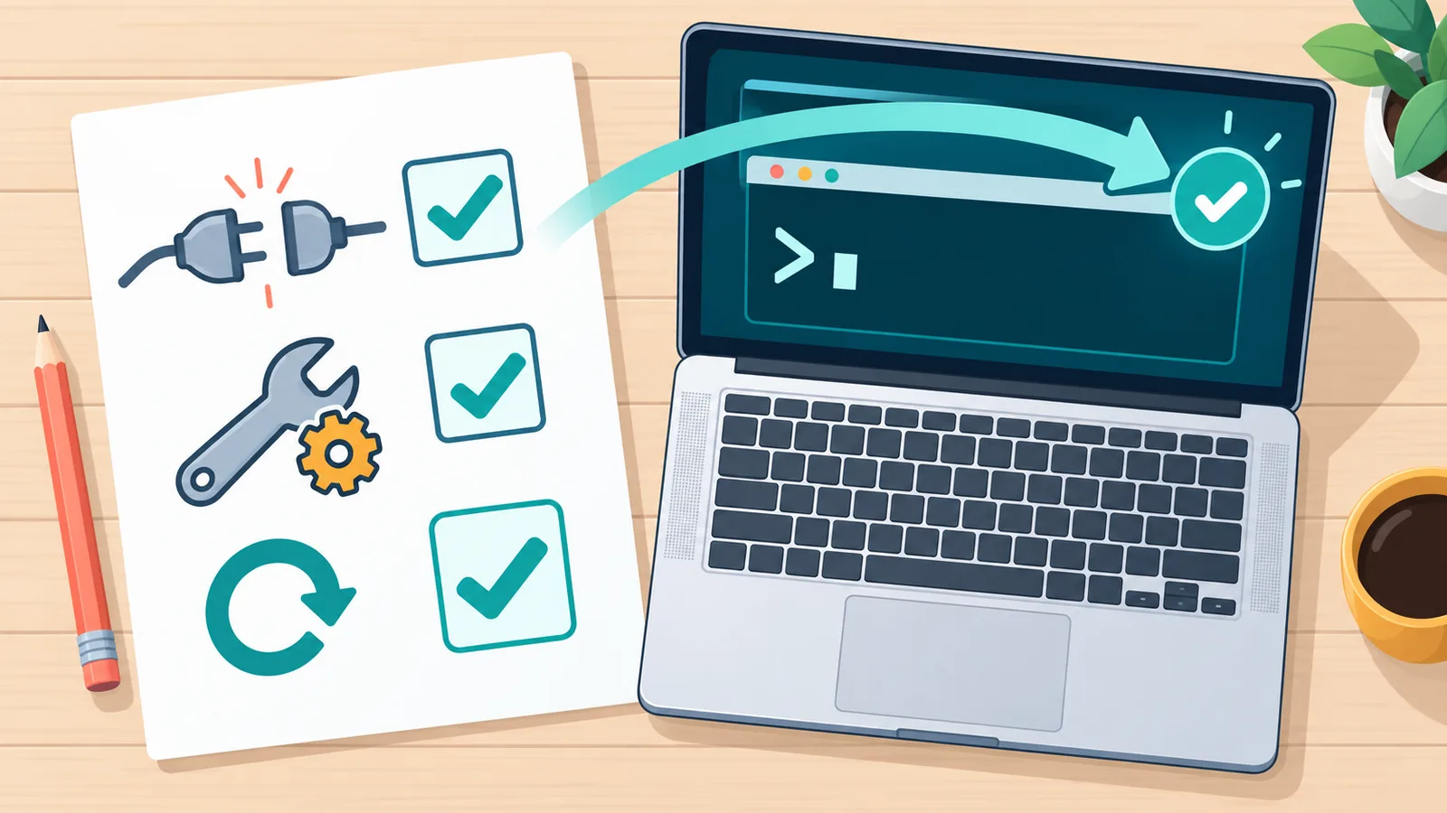 Afgedrukte checklist met herstelstappen naast een laptop met opdrachtprompt