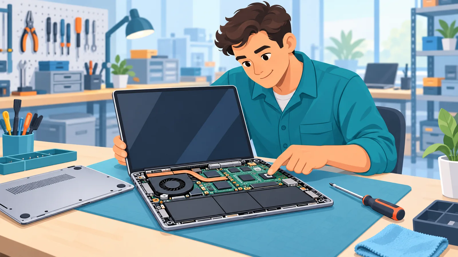 Technicus onderzoekt een geopende laptop op een werkbank