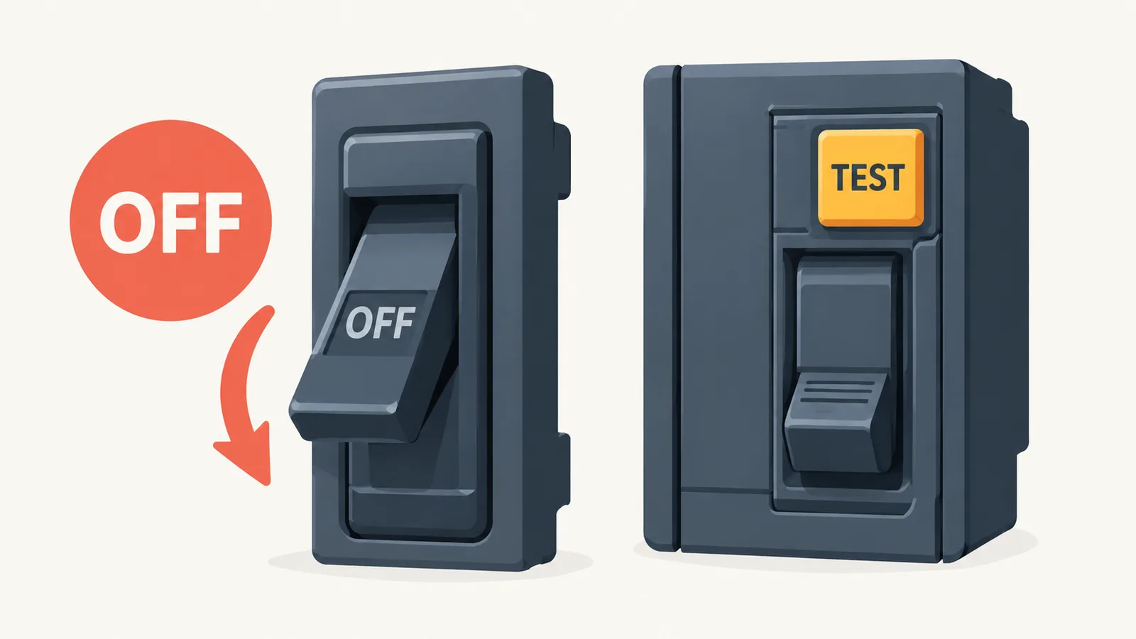 Automaat in stand OFF naast een schakelaar met TEST-knop