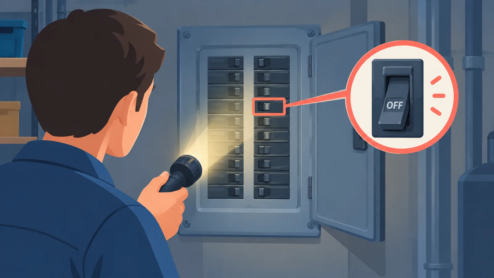 Persoon met zaklamp voor een groepenkast in een donkere bijkeuken
