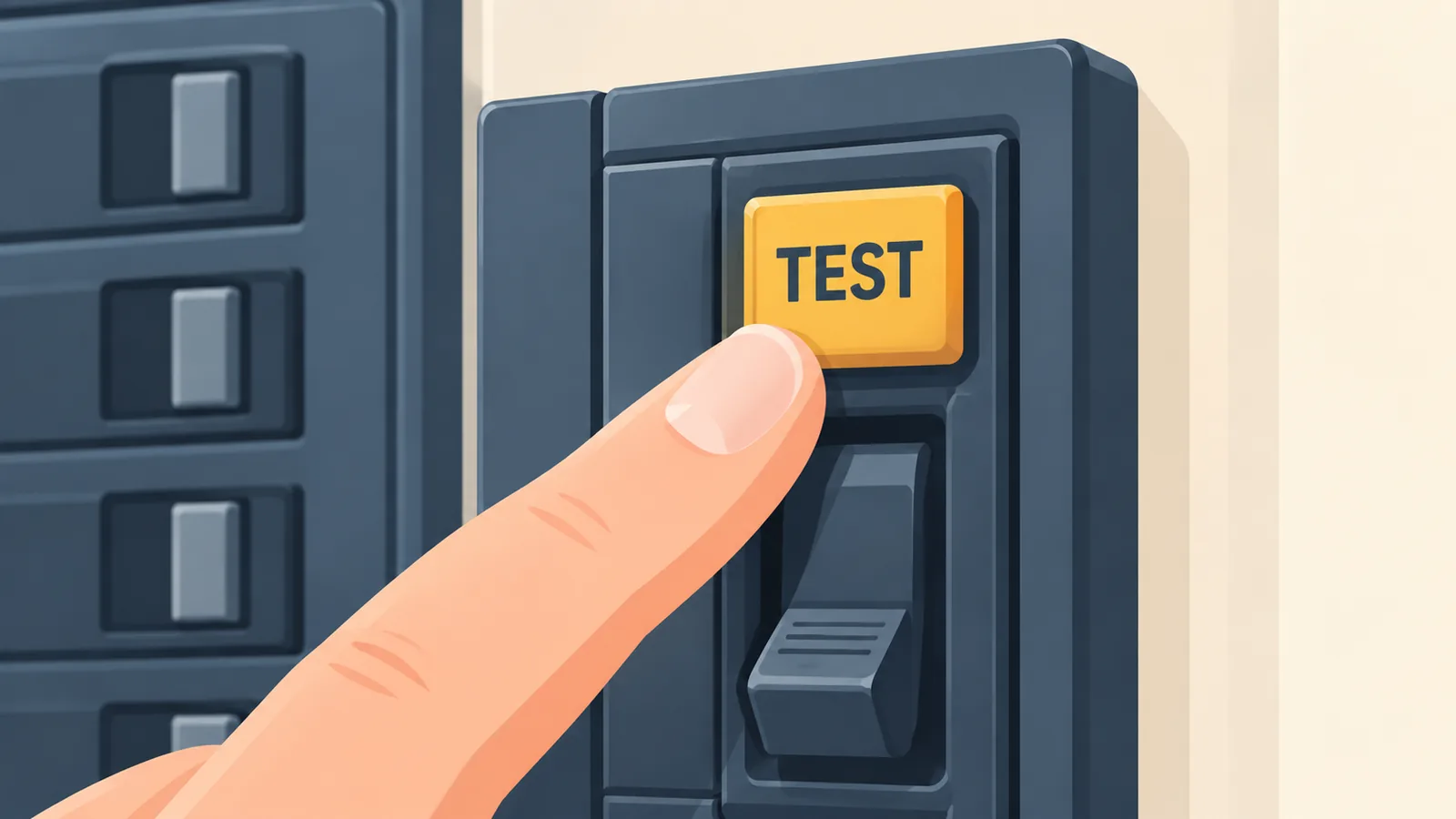 Vinger drukt op de TEST-knop van een schakelaar
