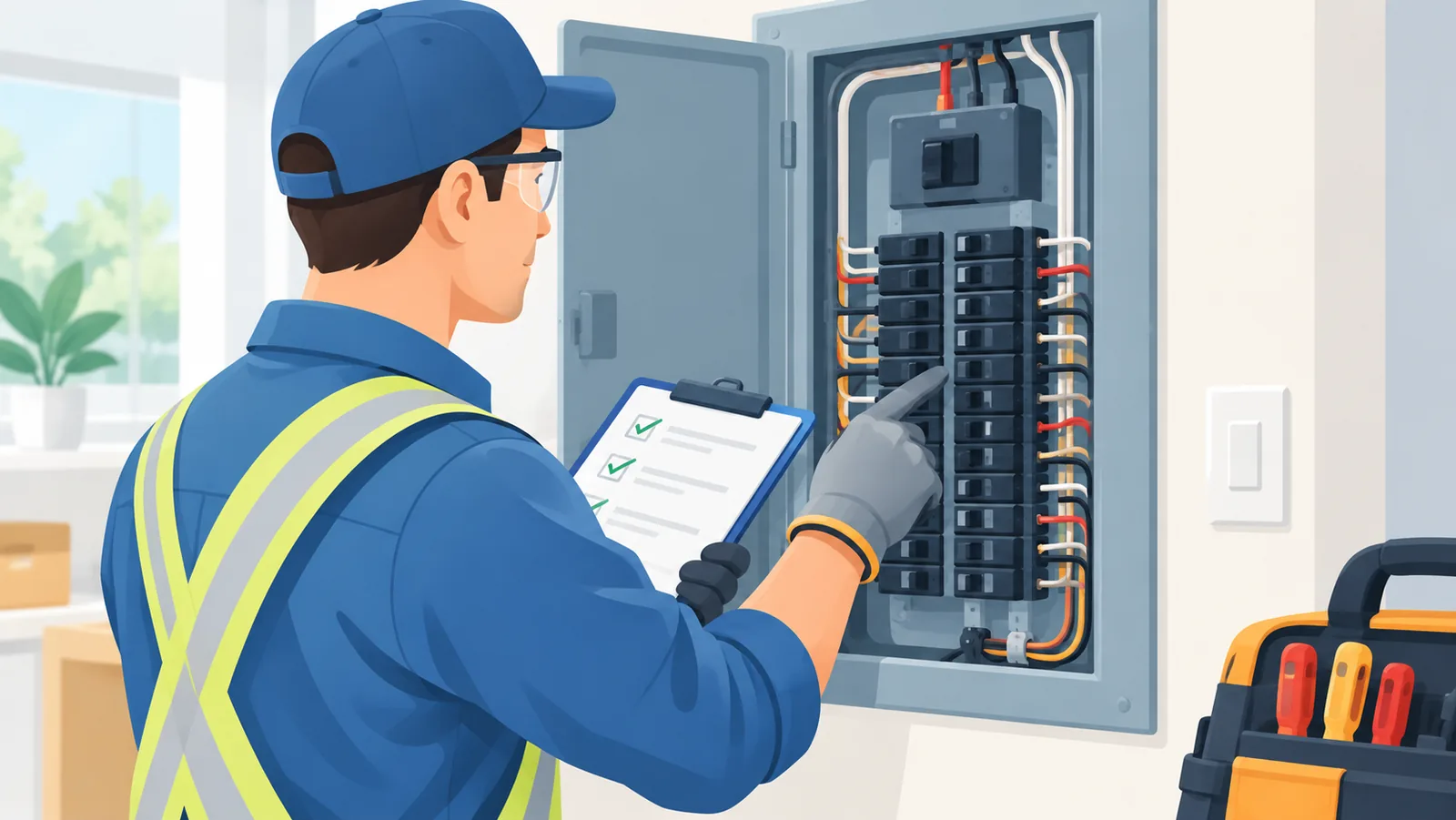 Erkend elektricien controleert een open groepenkast