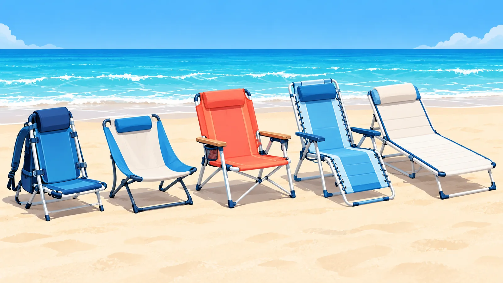 Verschillende soorten strandstoelen naast elkaar op het zand