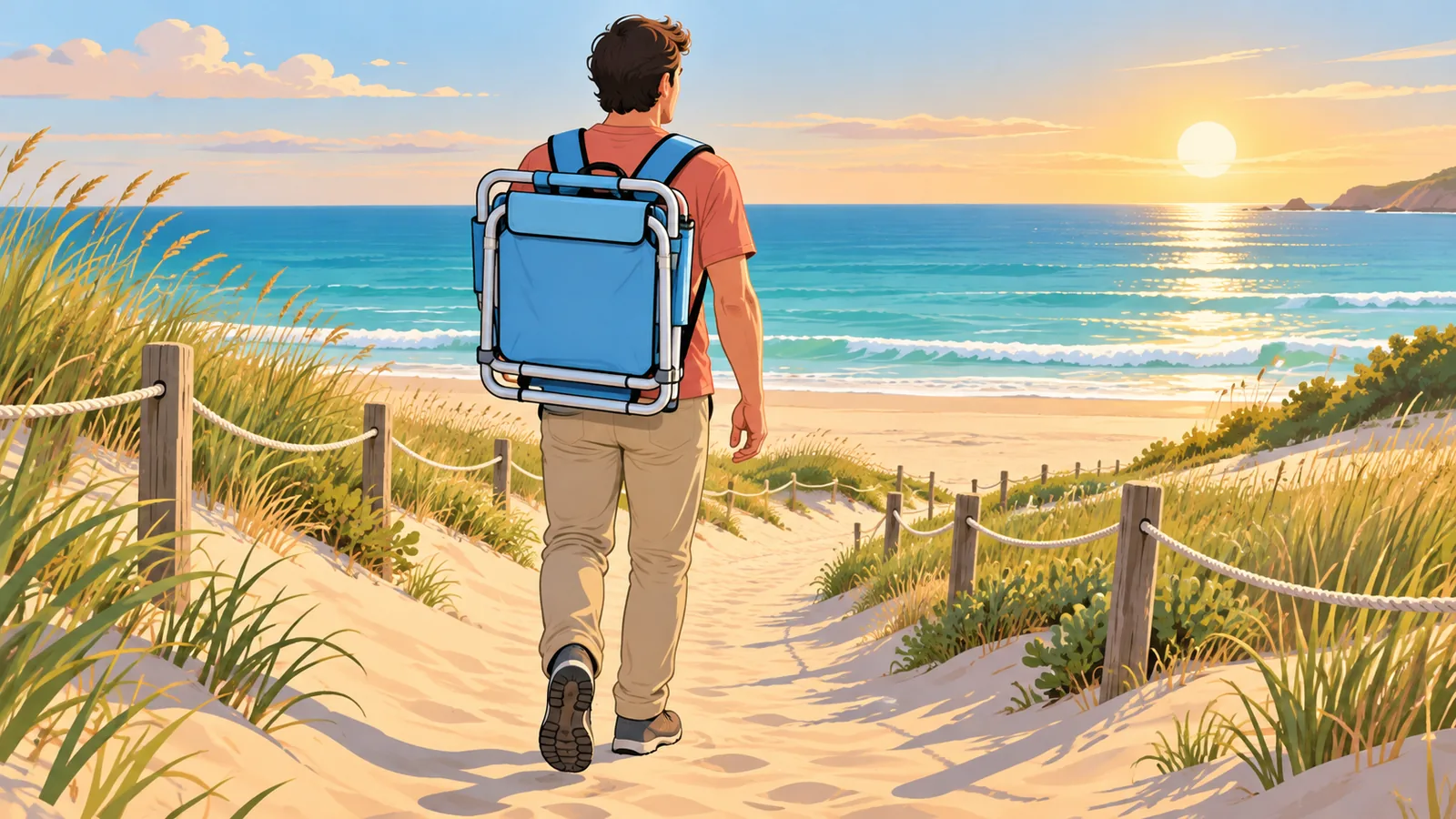 Rugzakstoel die over een duinpad naar het strand wordt gedragen