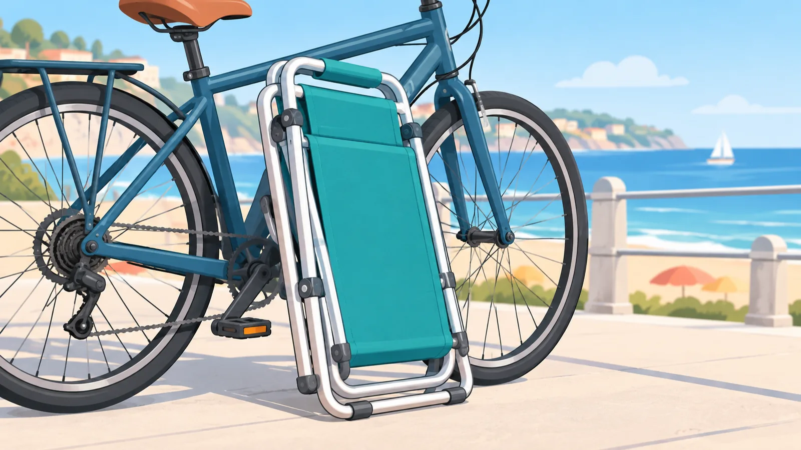 Lichtgewicht klapstoel naast een fiets bij het strand