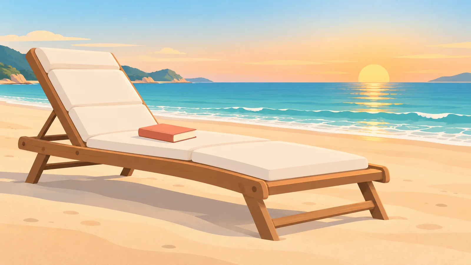 Ligstoel op het strand met een boek op de zitting