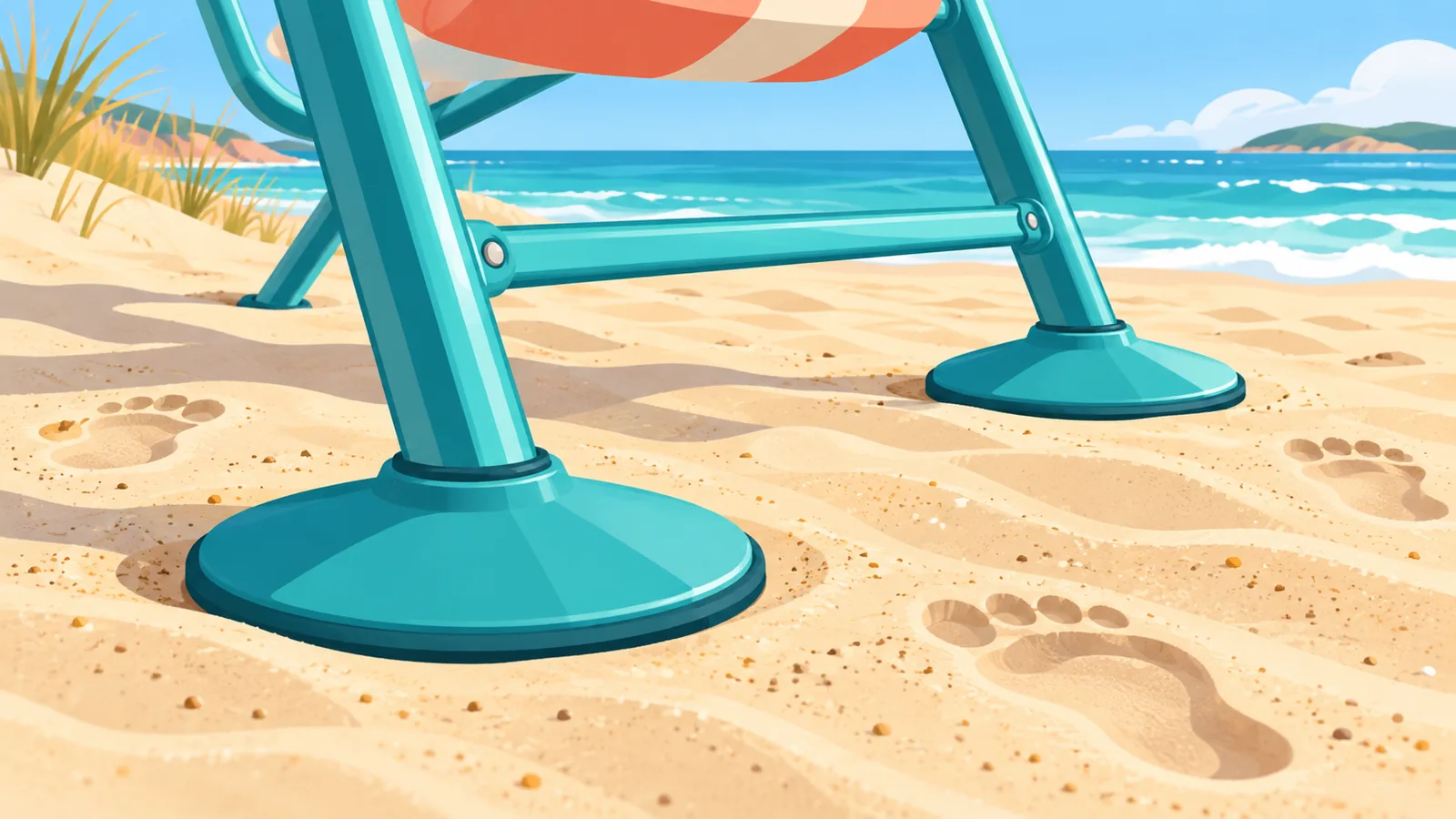 Brede voeten van een strandstoel op rul zand
