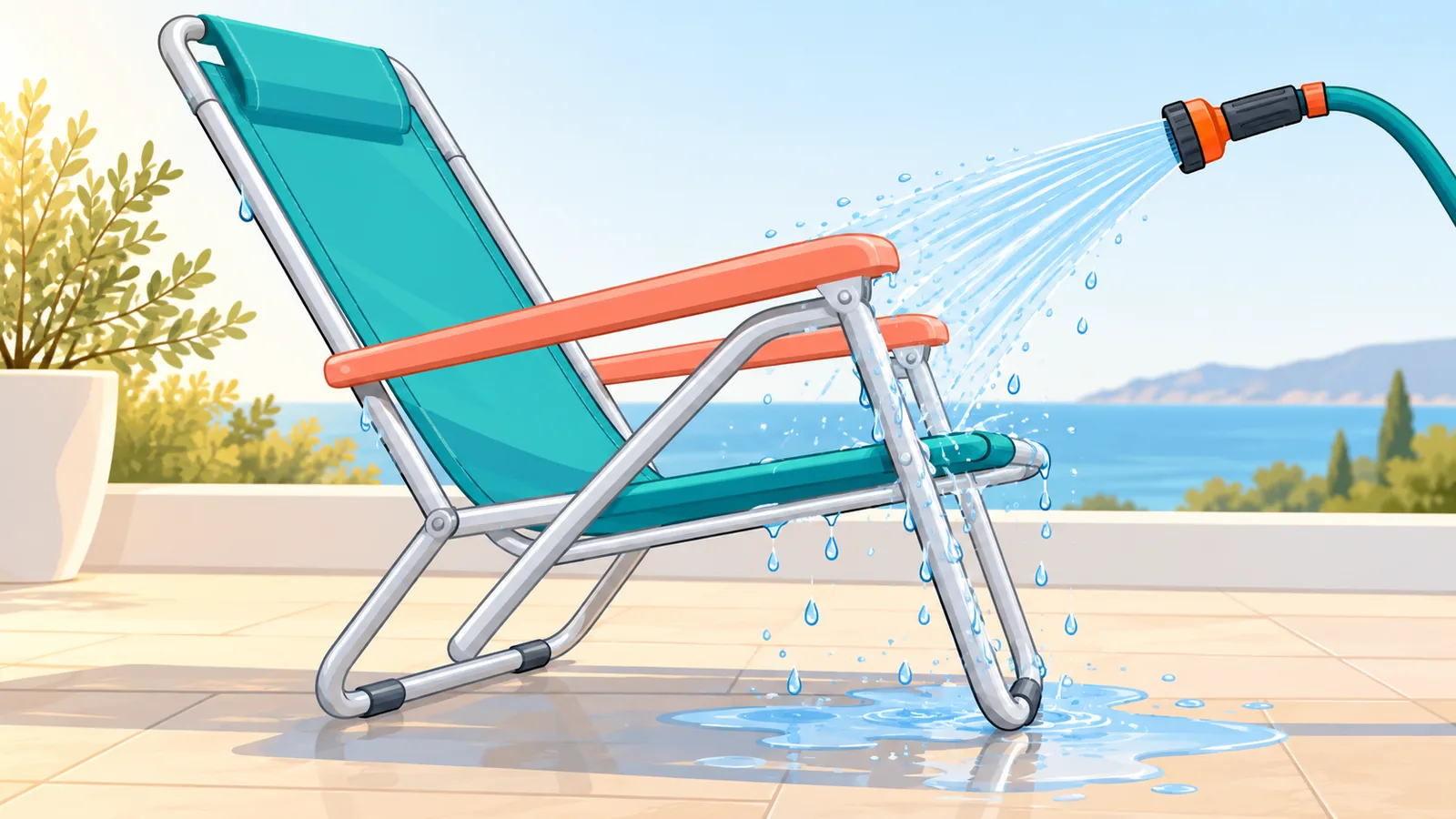 Strandstoel afspoelen met zoet water na een dag aan zee