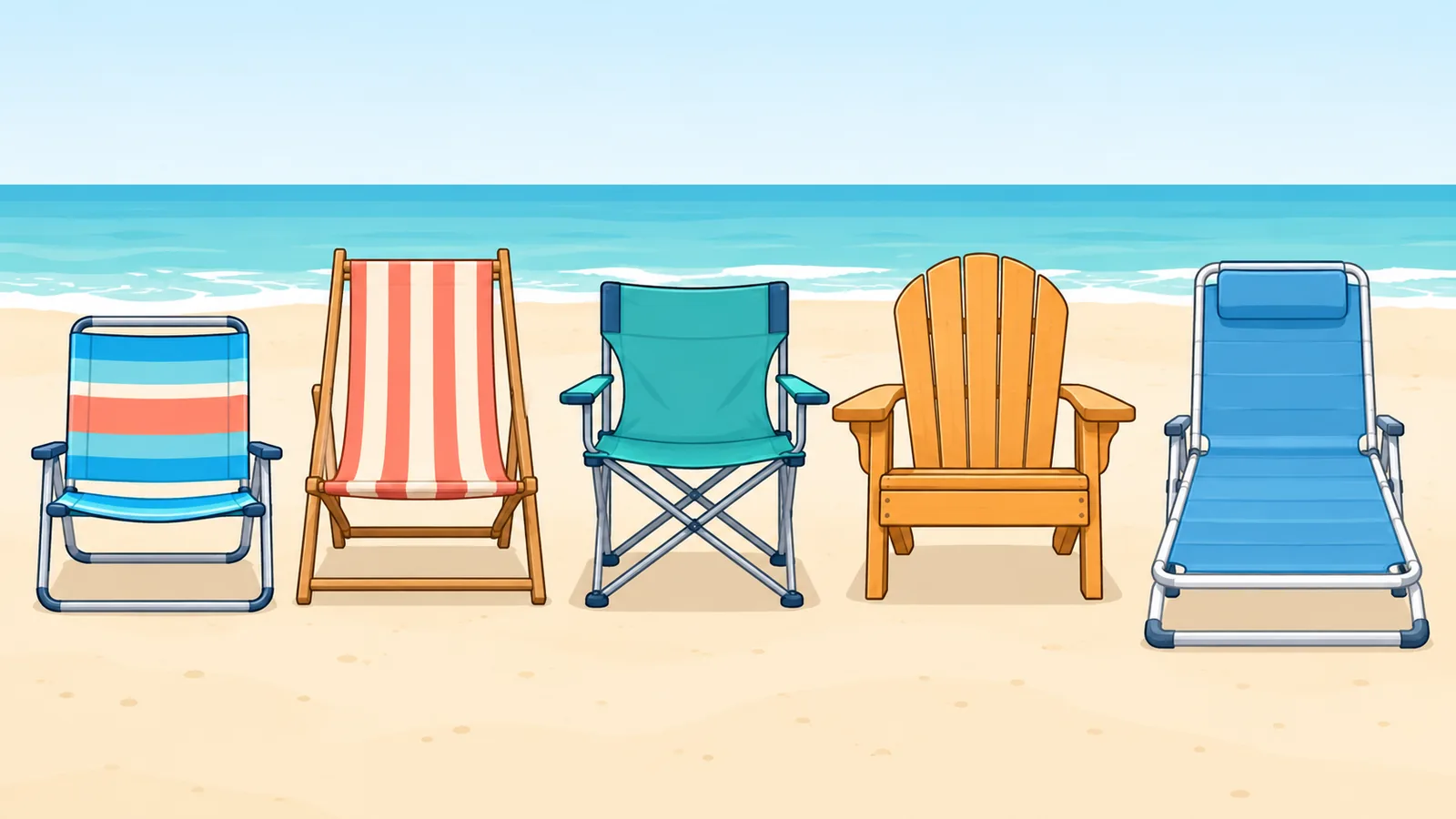 Vijf strandstoeltypen naast elkaar voor vergelijking