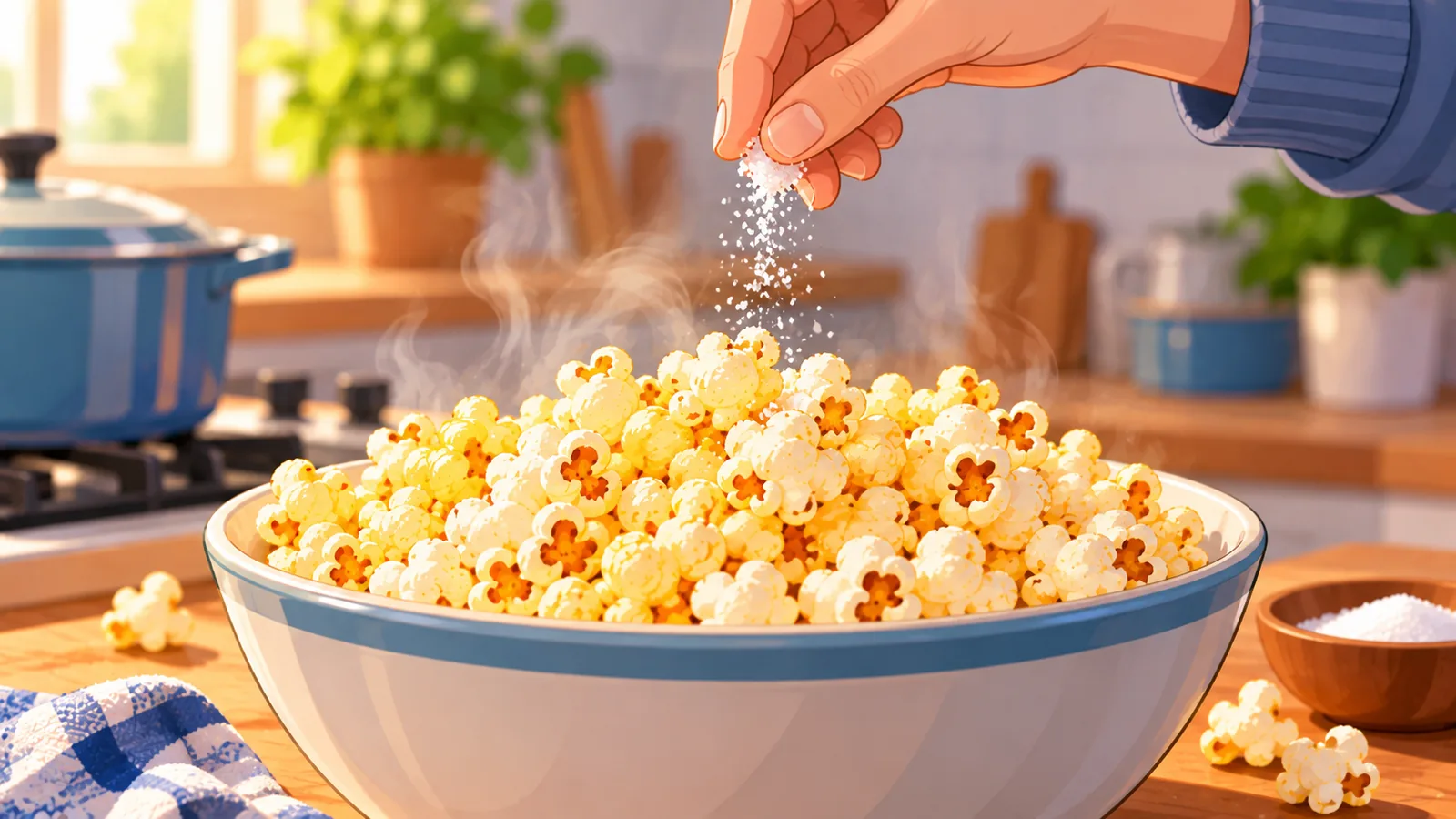 ਗਰਮ ਪੌਪਕੌਰਨ 'ਤੇ ਬਰੀਕ ਨਮਕ ਛਿੜਕਦਾ ਹੱਥ