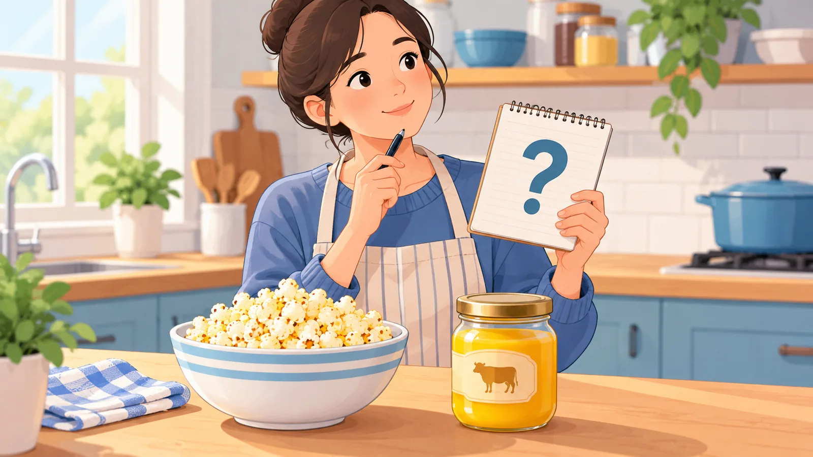 ਰਸੋਈ ਵਿੱਚ ਸਵਾਲ ਲਿਖੇ ਨੋਟਪੈਡ ਨਾਲ ਖੜ੍ਹਾ ਵਿਅਕਤੀ