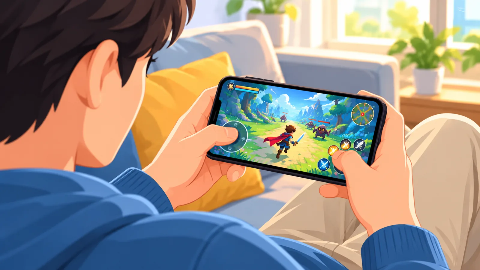 ਸੋਫ਼ੇ 'ਤੇ ਬੈਠਾ ਵਿਅਕਤੀ Android ਫ਼ੋਨ ਦੀ ਟੱਚ ਸਕ੍ਰੀਨ 'ਤੇ ਗੇਮ ਖੇਡਦਾ ਹੋਇਆ