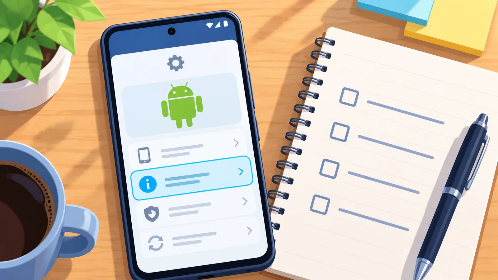 ਮੇਜ਼ 'ਤੇ Android ਫ਼ੋਨ ਅਤੇ ਸਾਫ਼ਟਵੇਅਰ ਵਰਜਨ ਦੀ ਸਕ੍ਰੀਨ