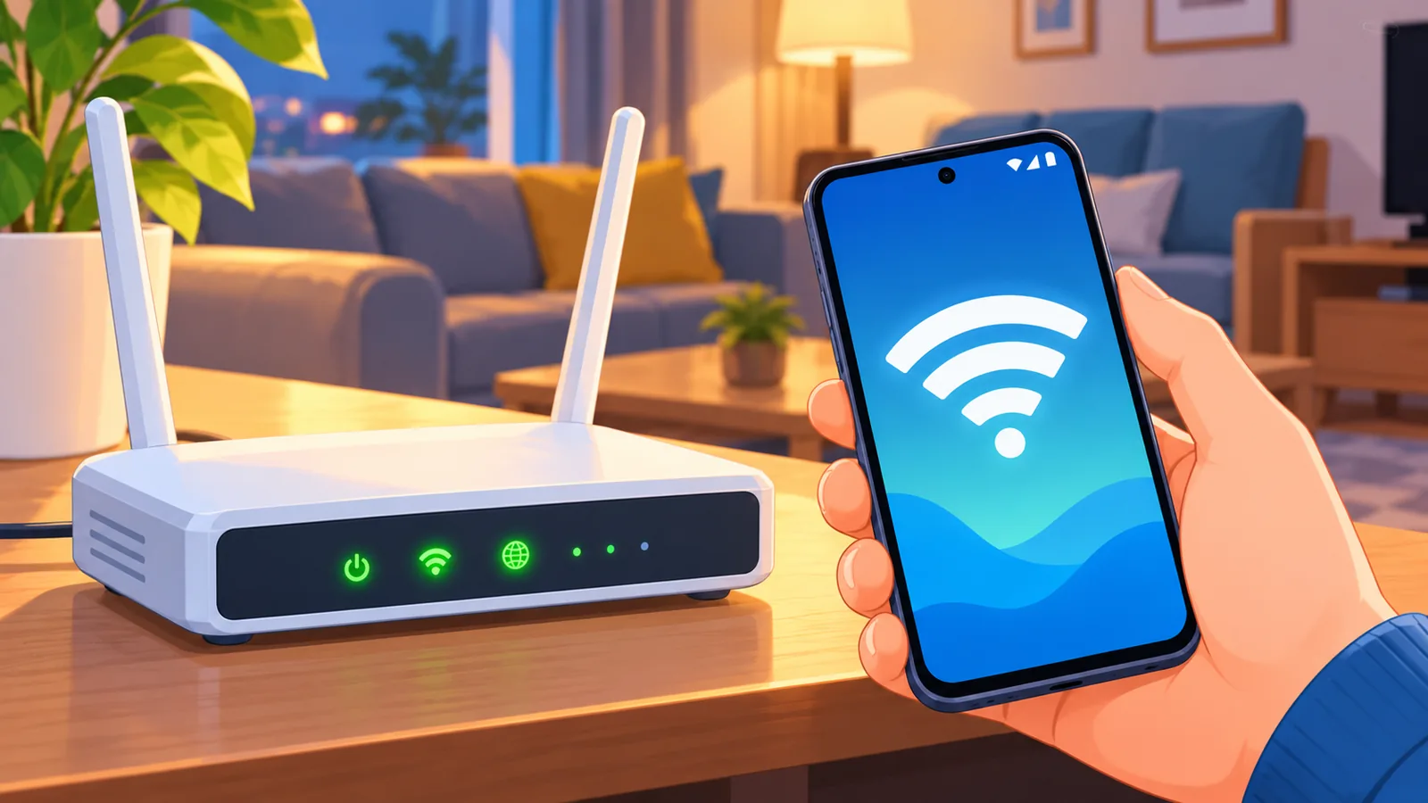 ਘਰ ਦਾ Wi-Fi ਰਾਊਟਰ ਅਤੇ ਸਿਗਨਲ ਦਿਖਾਉਂਦਾ ਫ਼ੋਨ