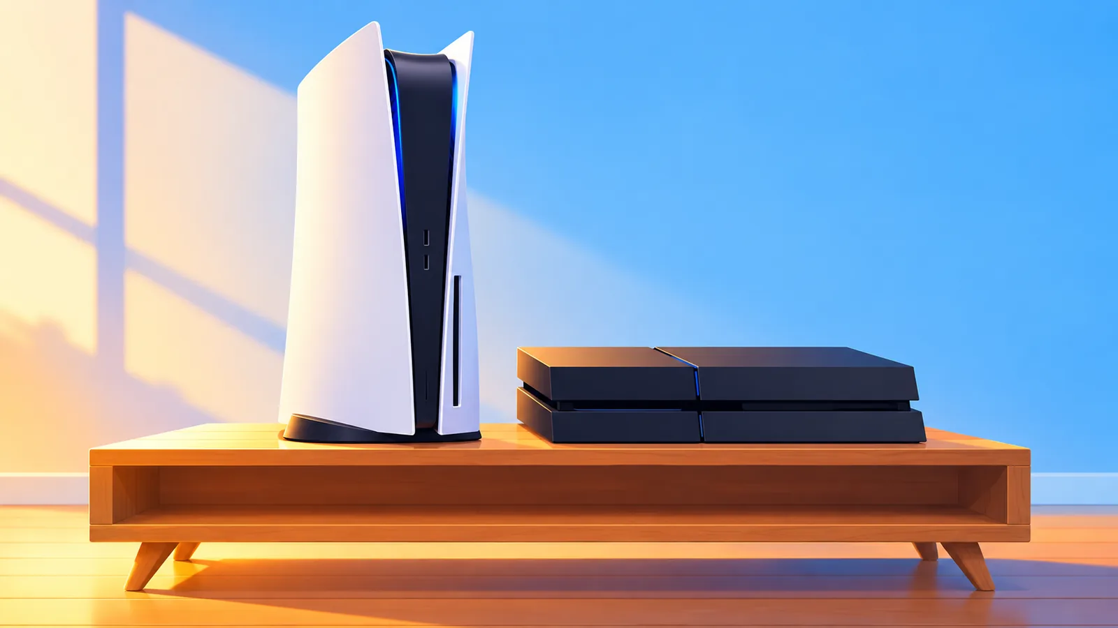 ਲਿਵਿੰਗ ਰੂਮ ਵਿੱਚ ਨਾਲ-ਨਾਲ ਰੱਖੇ PS5 ਅਤੇ PS4 ਕੰਸੋਲ