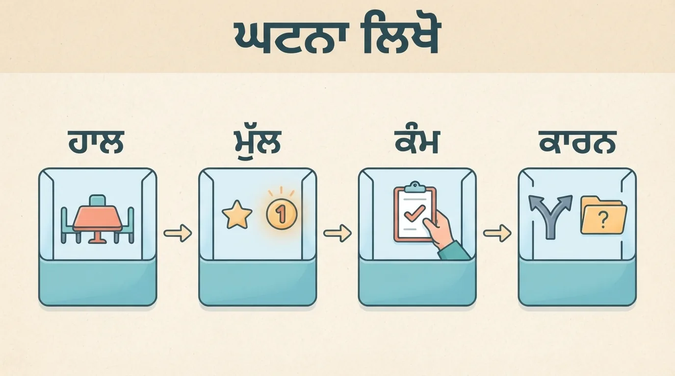 ਆਪਣੇ ਵਿਹਾਰ ਨੂੰ ਸਮਝਣ ਲਈ ਹਾਲਾਤ, ਮਹੱਤਵਪੂਰਨ ਗੱਲ, ਕੰਮ ਅਤੇ ਹੋਰ ਕਾਰਨ ਲਿਖਣ ਦੇ ਚਾਰ ਜੁੜੇ ਖਾਨੇ
