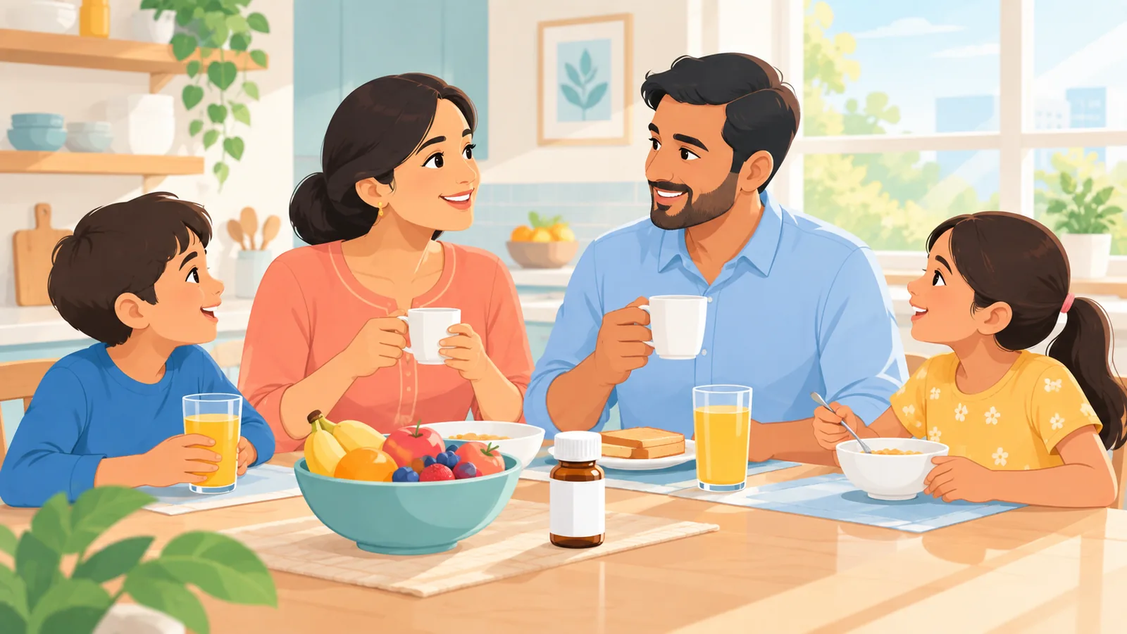 ਰਸੋਈ ਦੇ ਮੇਜ਼ ਉੱਤੇ ਨਾਸ਼ਤਾ ਕਰਦਾ ਪਰਿਵਾਰ