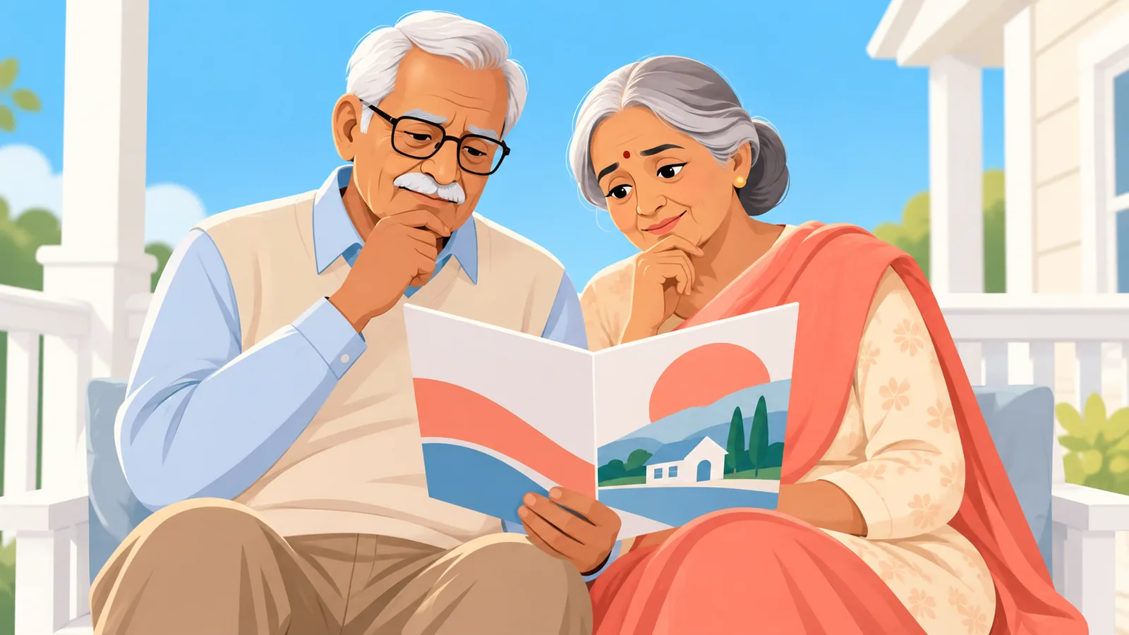ਰਿਟਾਇਰਮੈਂਟ ਕਮਿਊਨਿਟੀ ਦੇ ਘਰ ਦੇ ਵਰਾਂਡੇ ਵਿੱਚ ਬੈਠਾ ਬਜ਼ੁਰਗ ਜੋੜਾ
