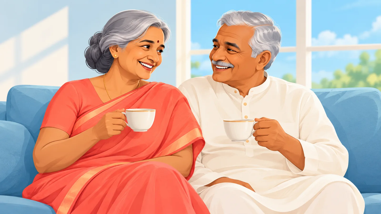 ਸੋਫ਼ੇ 'ਤੇ ਇਕੱਠੇ ਚਾਹ ਪੀਂਦਾ ਮੁਸਕਰਾਉਂਦਾ ਜੋੜਾ