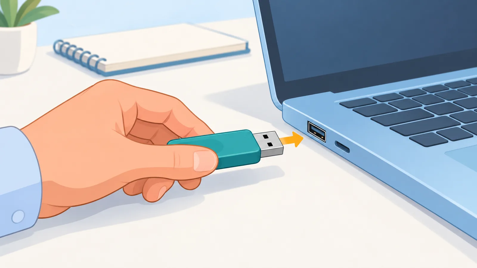 ਲੈਪਟਾਪ ਵਿੱਚ USB ਲਗਾਉਂਦਾ ਹੱਥ